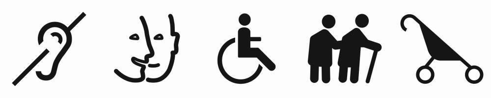 Logo pour l'accessibilité de l'exposition : déficiences auditive, mentale et motrice