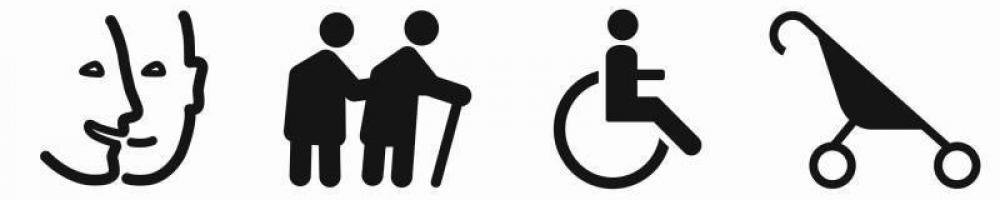 logos accessibilité : handicaps mental, moteur, mobilité ; poussette