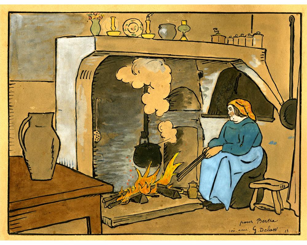 Dessin à l'encre et à la gouache représentant Berthe Luc, au coin de la cheminée dans la cuisine de la maison de Pierre Mac Orlan. elle surveille le feu et la marmite au-dessus du feu