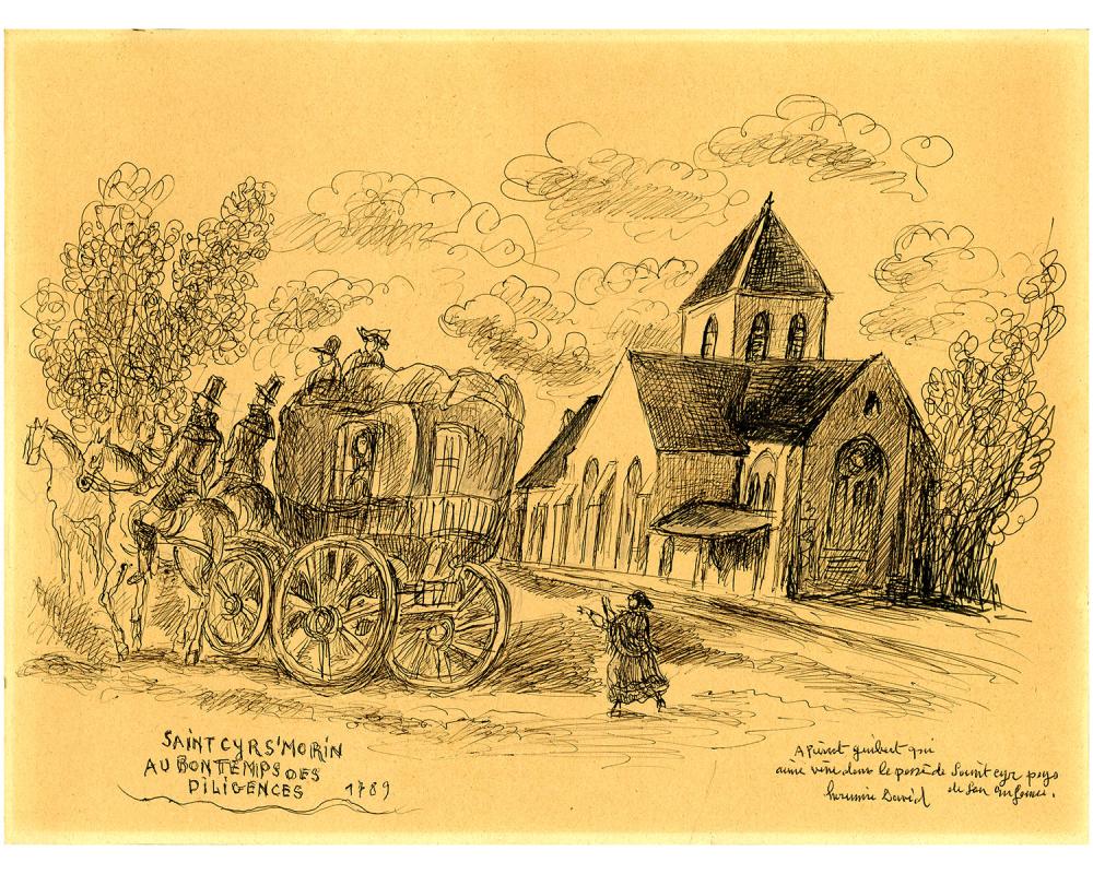 Dessin d'Hermine David au stylo bille sur papier jaune, représentant une diligence arrêtée devant l'église de Saint-Cyr-sur-Morin