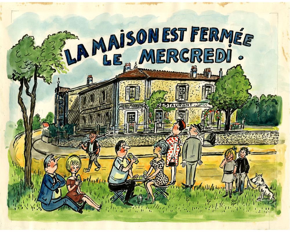 Dessin à l'encre et à la gouache représentant l'hôtel Moderne, futur Musée de la Seine-et-Marne, légendé "La maison est fermée le mercredi". Au 1er plan, des personnes pique-niquent dans l'herbe.