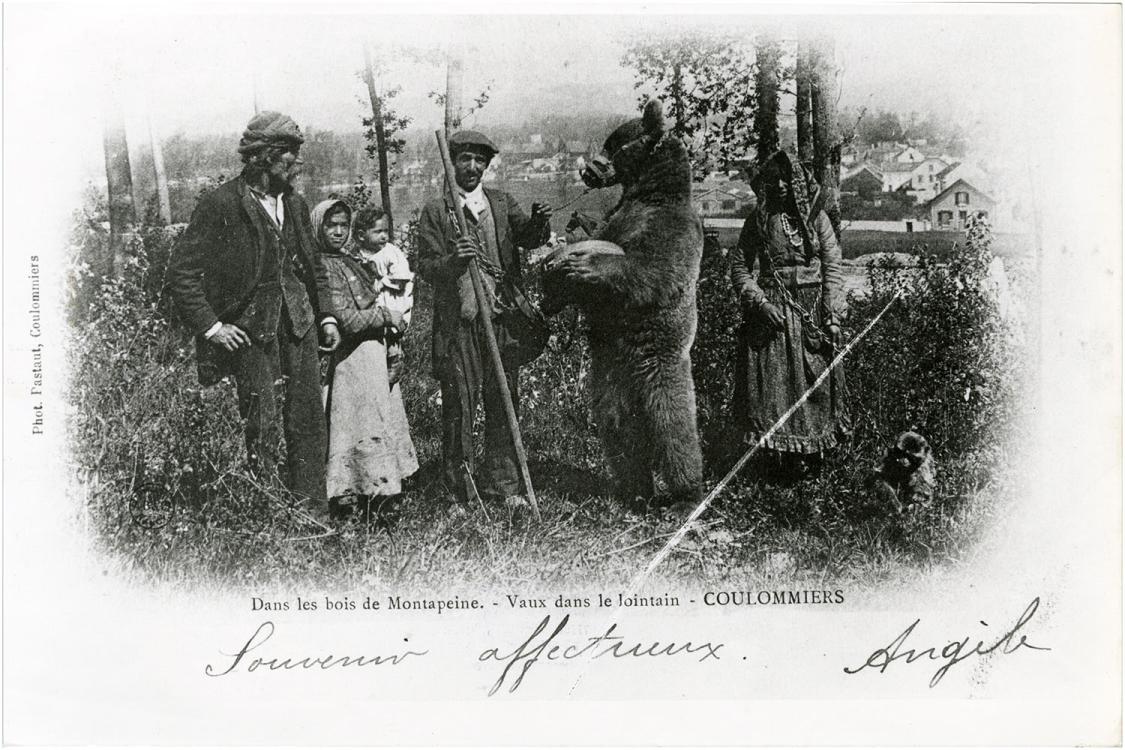 Carte postale représentant un groupe de personne dans des bois, entourant un ours debout sur les pattes arrières et portant une muselière ; la femme sur la droite tient un petit singe en laisse
