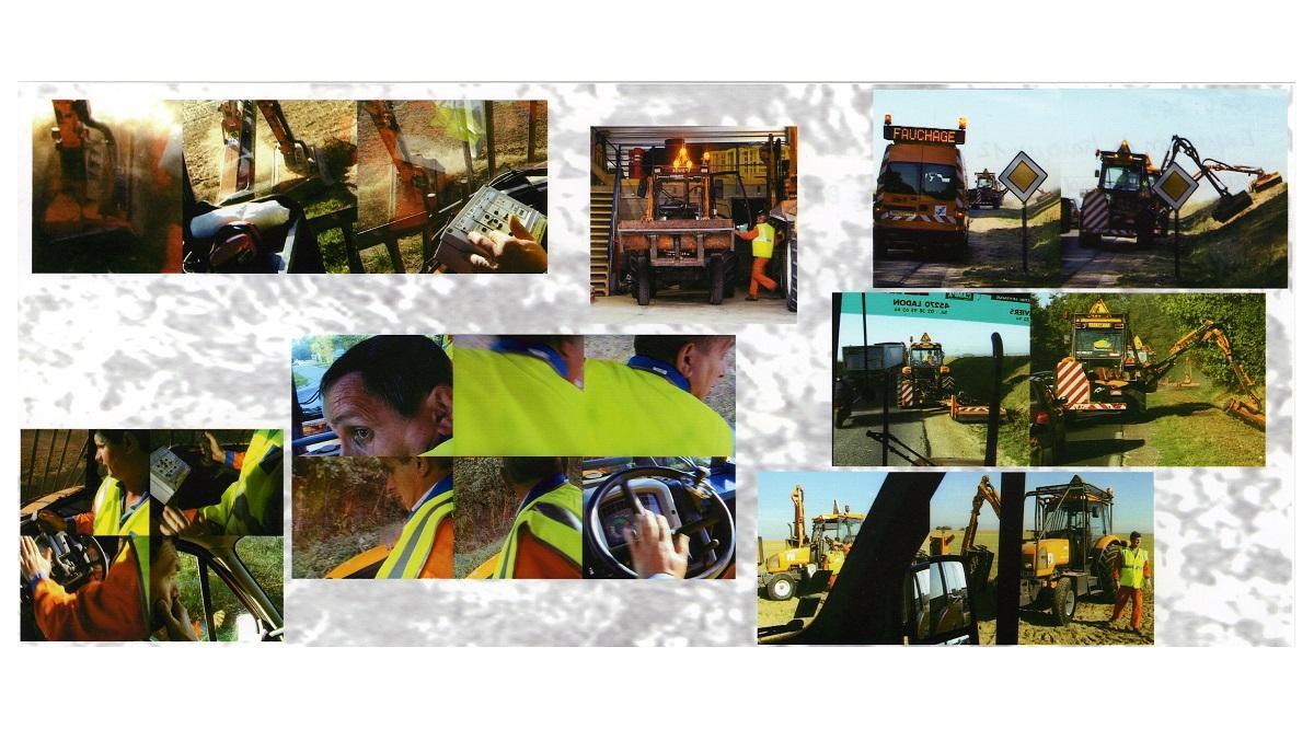 Montage de photographies couleur détaillant le travail d'un agent de la Direction départementale des routes, lors du fauchage en bord de route.