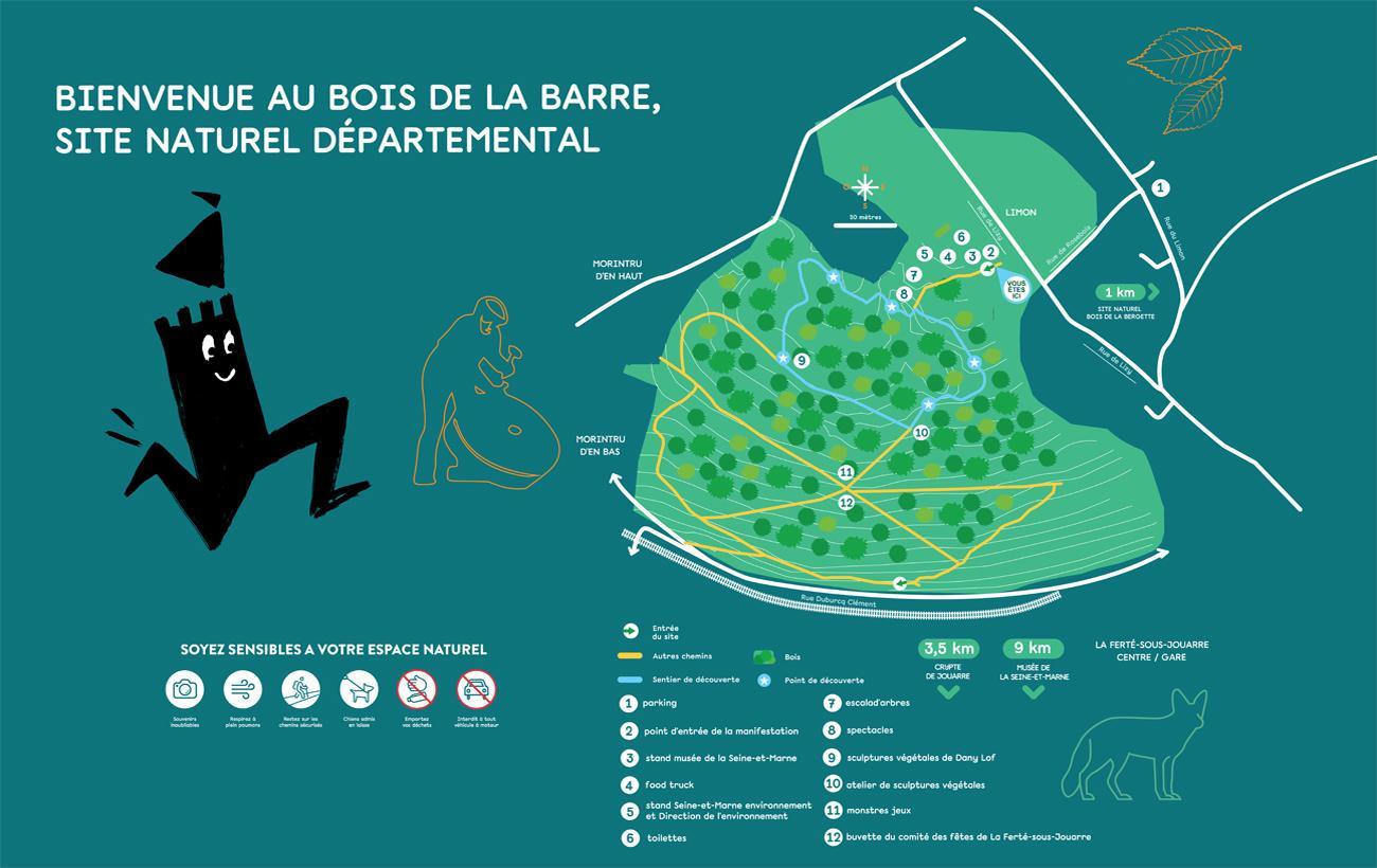 Plan du Bois de la Barre à La Ferté-sous-Jouarre pour indiquer l'accès et les lieux des événements pendant le "Festival Emmenez-moi" le 10 juillet 2022