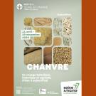Affiche de l'exposition "Chanvre" : sur fond couleur vert amande des formes géométriques imbriquées présentent des produits en chanvre
