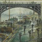 Tableau Les Déchargeurs de charbon de Claude Monet, prêt du Musée d'Orsay : déchargement du charbon à dos d'homme à partir de péniches sur les quais de la Seine près du pont ferroviaire d'Asnières