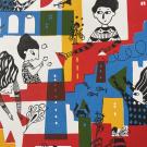 Tirage papier en couleur à partir de linogravure réalisée par Marie Poirier dans des tons rouge, jaune, bleu et vert.