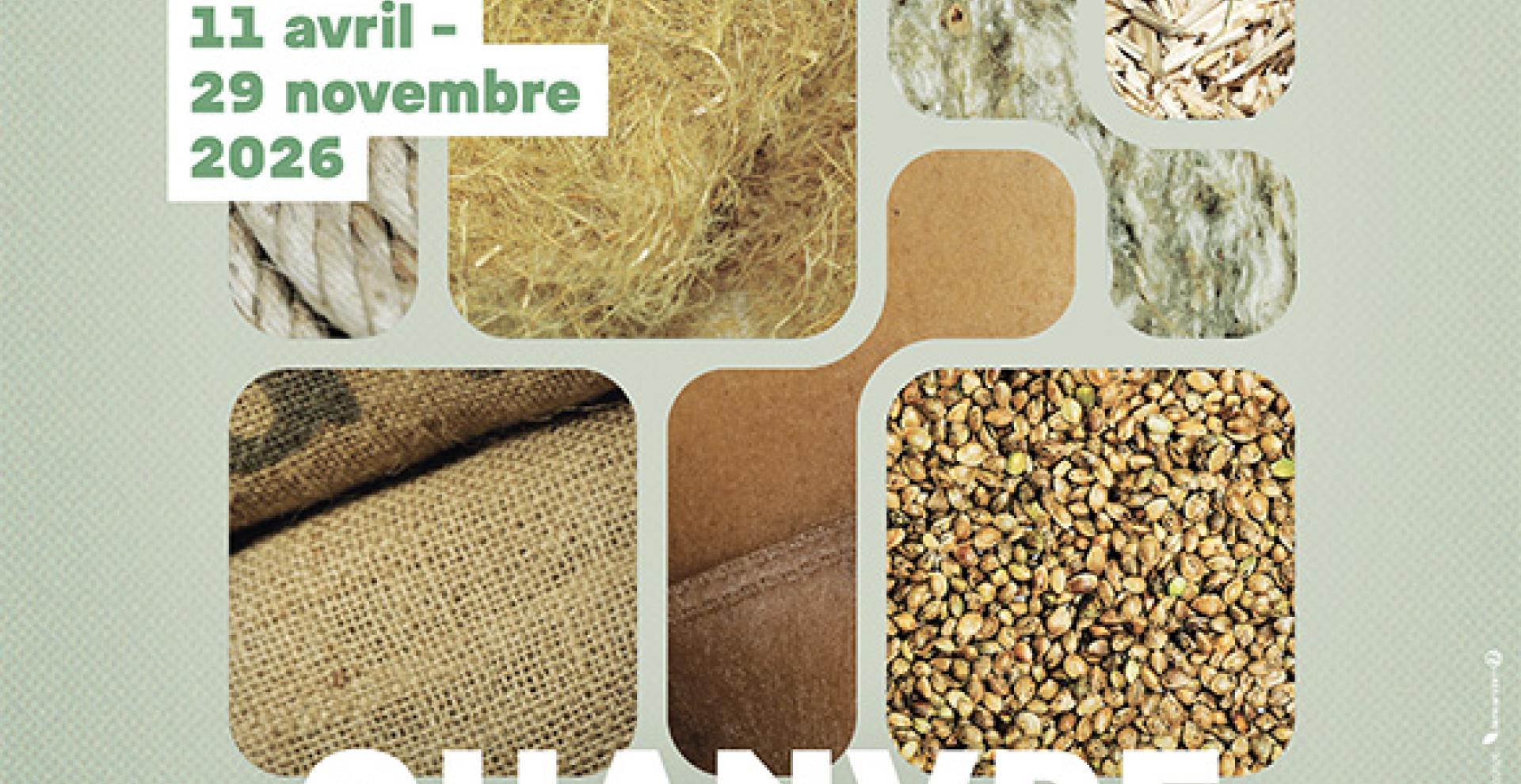 Affiche de l'exposition "Chanvre" : sur fond couleur vert amande des formes géométriques imbriquées présentent des produits en chanvre