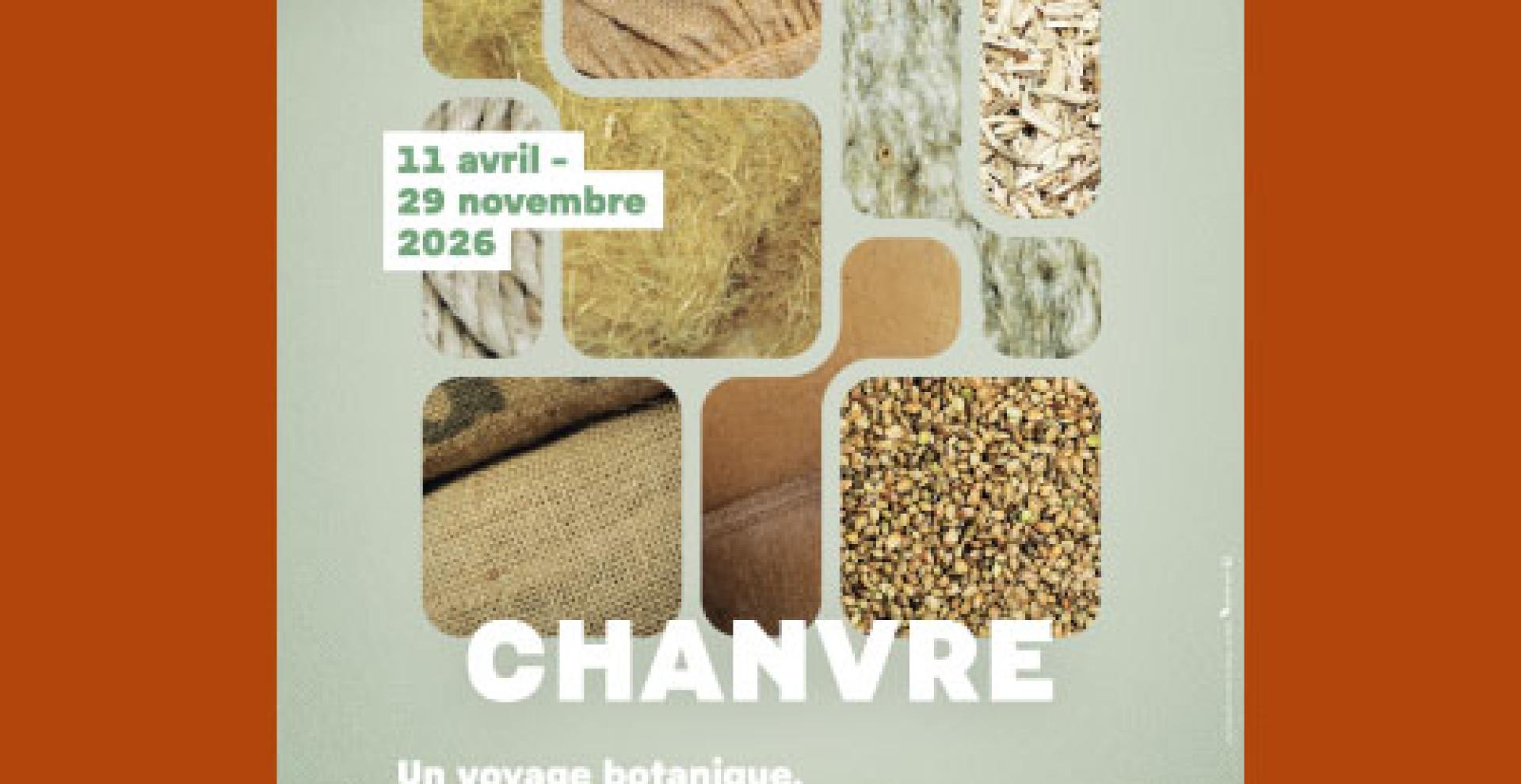 Affiche de l'exposition "Chanvre" : sur fond couleur vert amande des formes géométriques imbriquées présentent des produits en chanvre