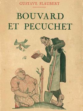 Couverture du livre Bouvard et Pécuchet de Gustave Flaubert, paru à la librairie Gründ. Dessin humoristique représentant deux hommes essayant de jardiner, l'un des deux tient un manuel d'une main et une pelle dans l'autre.