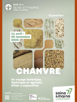 Affiche de l'exposition "Chanvre" : sur fond couleur vert amande des formes géométriques imbriquées présentent des produits en chanvre