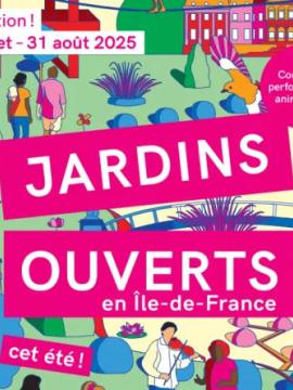 Affiche de l'événement Jardins ouverts, organisé par la Région Île-de-France du 5 juillet au 31 août 2025.