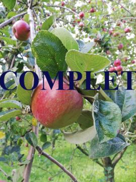 Gros plan d'une pomme, sur une branche de pommier, dans un verger. Par dessus la photographie, la mention "complet" pour informer le public que le nombre maximum d'inscrits est atteint.