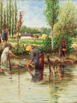 Peinture de Theodor von Hörmann représentant le rouissage ou macération du chanvre dans un cours d'eau