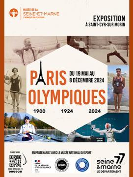 Affiche de l'exposition "Paris Olympiques 1900, 1924, 2024". Autour d'un hexagone, 6 photographies de sportifs, de disciplines différentes et ayant participé ou qui participeront aux 3 olympiades qui font l'objet de l'exposition.
