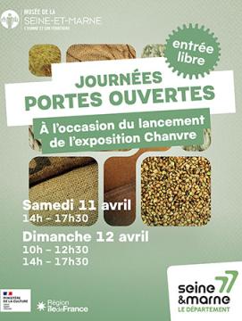 Affiche annonçant les journées portes ouvertes à l'occasion du début de l'exposition "Chanvre" : sur fond couleur vert amande des formes géométriques imbriquées présentent des produits en chanvre