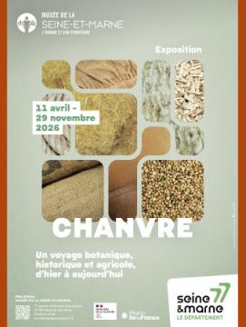 Affiche de l'exposition "Chanvre" : sur fond couleur vert amande des formes géométriques imbriquées présentent des produits en chanvre