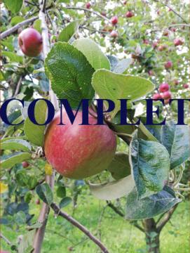 Gros plan d'une pomme, sur une branche de pommier, dans un verger. Par dessus la photographie, la mention "complet" pour informer le public que le nombre maximum d'inscrits est atteint.