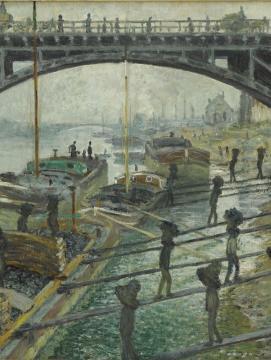 Tableau Les Déchargeurs de charbon de Claude Monet, prêt du Musée d'Orsay : déchargement du charbon à dos d'homme à partir de péniches sur les quais de la Seine près du pont ferroviaire d'Asnières