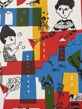 Tirage papier en couleur à partir de linogravure réalisée par Marie Poirier dans des tons rouge, jaune, bleu et vert.