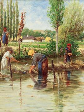 Peinture de Theodor von Hörmann représentant le rouissage ou macération du chanvre dans un cours d'eau