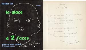 Couverture du livre avec la dédicace de Jean Cocteau : Hommage à Michel Cot - Tel qu'en toi-même enfin son appareil te change, Cot arrête l'éternité. Sur l'image, un boiteux qui luttait avec l'ange court plus vite que la beauté. La mort était vivante un objectif la tue  et le photographe devant d'un voile noir couvert, érige une statue dont le marbre imite le vent. Jean Cocteau.