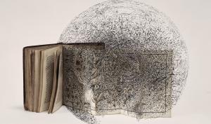 Reproduction d'une oeuvre de Bertrand Flachot, représentant un livre ancien ouvert d'où s'échappent des feuillages contenus dans un cercle