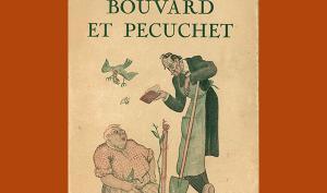 Couverture du livre Bouvard et Pécuchet de Gustave Flaubert, paru à la librairie Gründ. Dessin humoristique représentant deux hommes essayant de jardiner, l'un des deux tient un manuel d'une main et une pelle dans l'autre.