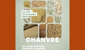 Affiche de l'exposition "Chanvre" : sur fond couleur vert amande des formes géométriques imbriquées présentent des produits en chanvre