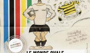Affiche de l'exposition Le Monde ovale de Pierre Mac Orlan, le visuel reprend deux dessins de Gus Bofa : "Paysage sportif pour Pierre Mac Orlan" et "Rugby, dieu de l'action et de la force".