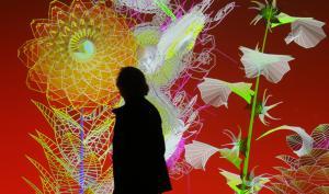 Visuel pour l'exposition Miguel Chevalier, Pixels botaniques, sur un fond rouge constellé de plantes et fleurs se détache une silhouette d'homme marchant