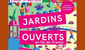 Affiche de l'événement Jardins ouverts, organisé par la Région Île-de-France du 5 juillet au 31 août 2025.