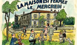 Dessin à l'encre et à la gouache représentant l'hôtel Moderne, futur Musée de la Seine-et-Marne, légendé "La maison est fermée le mercredi". Au 1er plan, des personnes pique-niquent dans l'herbe.