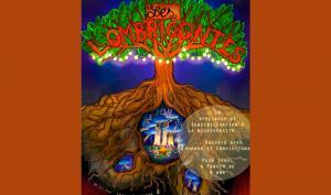 Affiche pour le spectacle "Les Lombicontes" par la Compagnie Pile. De nuit, enchevêtrés dans les racines d'un arbre illuminé, des lombrics, coiffés de chapeaux se réunissent autour d'un feu, à l'abri de champignons bleus.