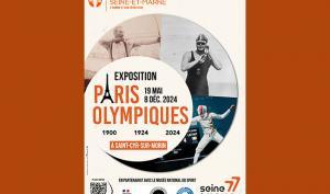 Affiche de l'exposition "Paris Olympiques 1900, 1924, 2024". Dans un cercle, 3 photographies de sportifs, de disciplines différentes et ayant participé ou qui participeront aux 3 olympiades qui font l'objet de l'exposition.