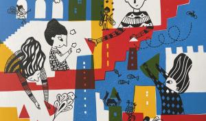 Tirage papier en couleur à partir de linogravure réalisée par Marie Poirier dans des tons rouge, jaune, bleu et vert.