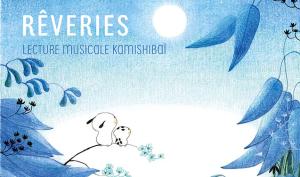 Affiche dans les tons bleu et blanc, représentant deux petits personnages, regardant le clair de lune, posés sur la tige d'une plante bleue.