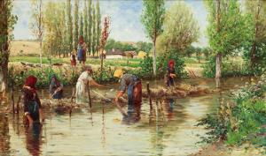 Peinture de Theodor von Hörmann représentant le rouissage ou macération du chanvre dans un cours d'eau
