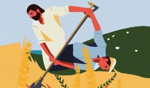 Visuel de l'affiche de l'exposition Agriculture, élevage : l'Antiquité en héritage. Représente deux hommes d'époques différentes en train de moissonner du blé au moyen d'une faux. L'image est séparée en deux par une diagonale, matérialisée par le manche de la faux, les deux hommes utilisent la même, chacun d'un côté