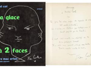 Couverture du livre avec la dédicace de Jean Cocteau : Hommage à Michel Cot - Tel qu'en toi-même enfin son appareil te change, Cot arrête l'éternité. Sur l'image, un boiteux qui luttait avec l'ange court plus vite que la beauté. La mort était vivante un objectif la tue  et le photographe devant d'un voile noir couvert, érige une statue dont le marbre imite le vent. Jean Cocteau.
