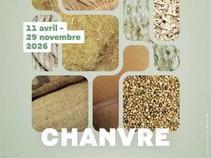 Affiche de l'exposition "Chanvre" : sur fond couleur vert amande des formes géométriques imbriquées présentent des produits en chanvre