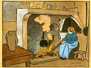 Dessin à l'encre et à la gouache représentant Berthe Luc, au coin de la cheminée dans la cuisine de la maison de Pierre Mac Orlan. elle surveille le feu et la marmite au-dessus du feu