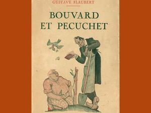 Couverture du livre Bouvard et Pécuchet de Gustave Flaubert, paru à la librairie Gründ. Dessin humoristique représentant deux hommes essayant de jardiner, l'un des deux tient un manuel d'une main et une pelle dans l'autre.