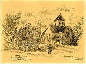 Dessin d'Hermine David au stylo bille sur papier jaune, représentant une diligence arrêtée devant l'église de Saint-Cyr-sur-Morin