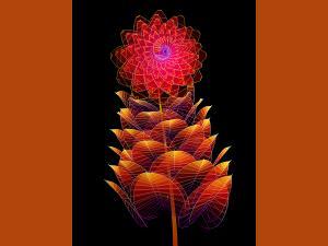 Extrait de la mosaïque " Graines Herbier extra-natural" de Miguel Chevalier, fleur stylisée dans des tons jaune, orange, rose, rouge et violet