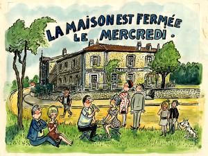 Dessin à l'encre et à la gouache représentant l'hôtel Moderne, futur Musée de la Seine-et-Marne, légendé "La maison est fermée le mercredi". Au 1er plan, des personnes pique-niquent dans l'herbe.