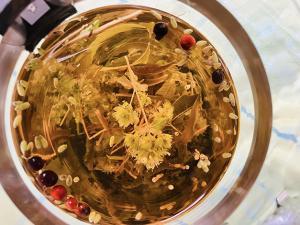 Photographie d'une préparation gélifiée à base de plantes, de fleurs et de baies