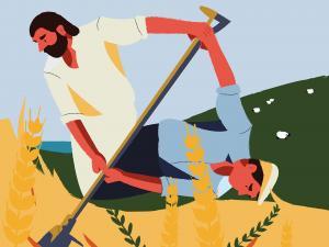 Visuel de l'affiche de l'exposition Agriculture, élevage : l'Antiquité en héritage. Représente deux hommes d'époques différentes en train de moissonner du blé au moyen d'une faux. L'image est séparée en deux par une diagonale, matérialisée par le manche de la faux, les deux hommes utilisent la même, chacun d'un côté