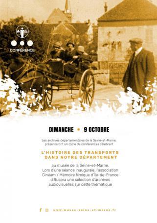 affiche pour une conférence sur les transports en Île-de-France, représentant une voiture hippomobile dans un bourg au début du 20ème siècle