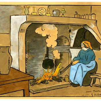 Dessin à l'encre et à la gouache représentant Berthe Luc, au coin de la cheminée dans la cuisine de la maison de Pierre Mac Orlan. elle surveille le feu et la marmite au-dessus du feu